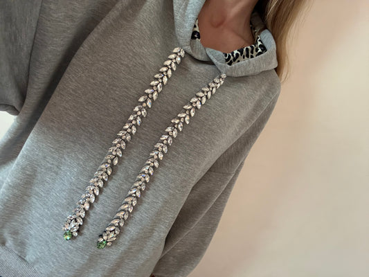 F++K X Tanya Grey Bejeweled Hooded Sweater- jewel strap + green stone