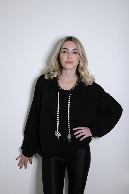 F++K X Tanya Black Bejeweled Hooded sweater- Pearl + jewel
