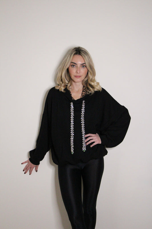 F++K X Tanya Black Bejeweled Hooded Sweater- jewel strap + green stone