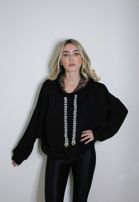 F++K X Tanya Black bejeweled hooded Sweater- jewel strap + yellow stone