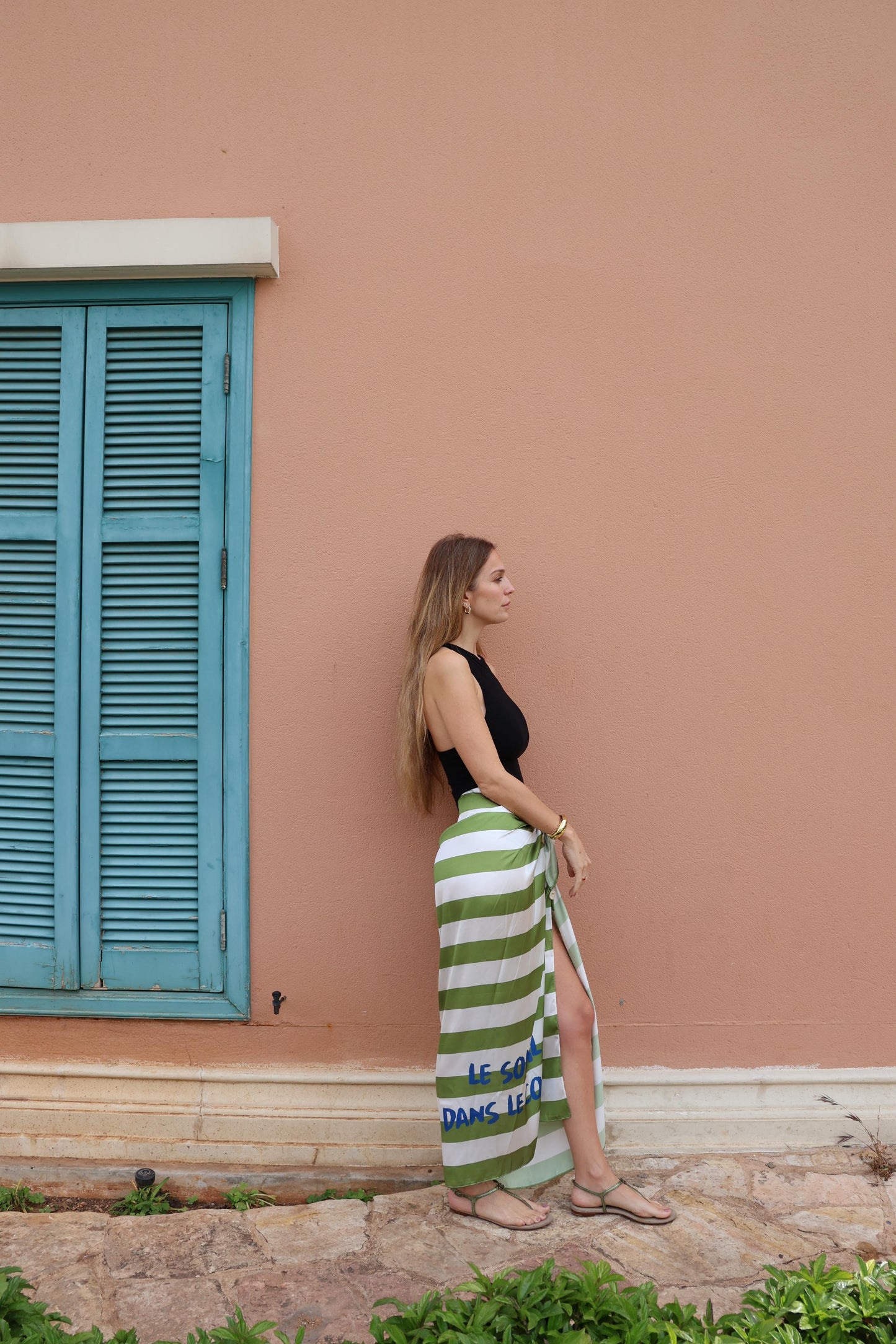 Green striped Bella sarong “Le soleil dans le coeur”