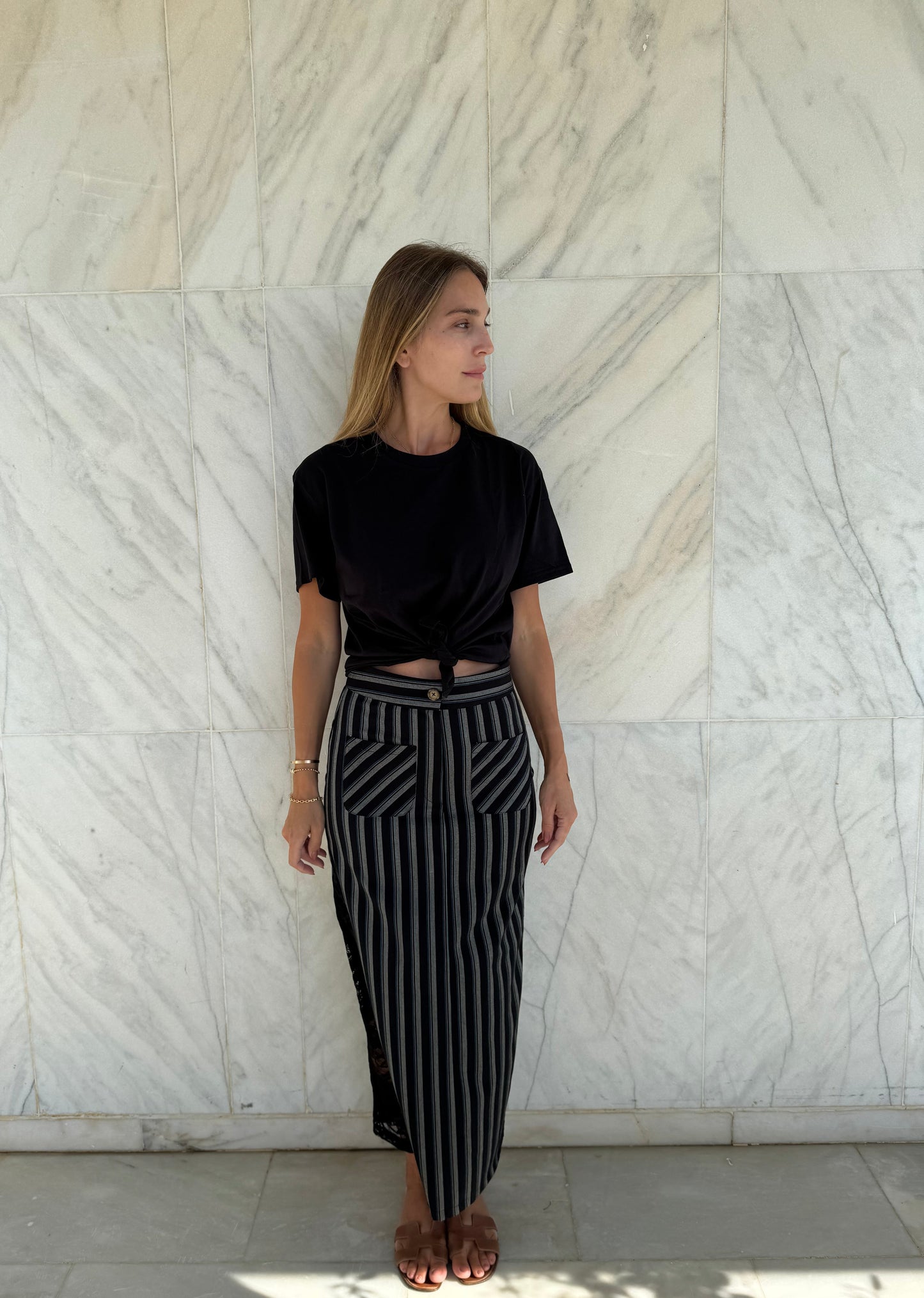 Sila Striped skirt with lace detail
