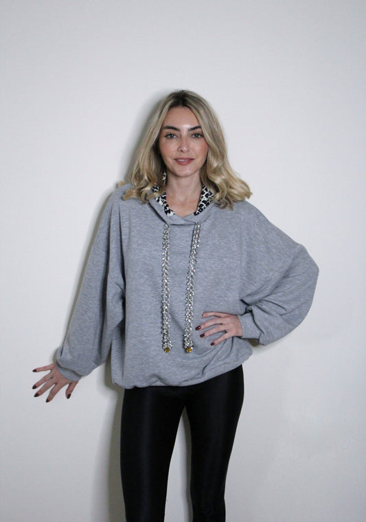 F++K X Tanya Grey Bejeweled Hooded Sweater- Jewel strap + yellow stone
