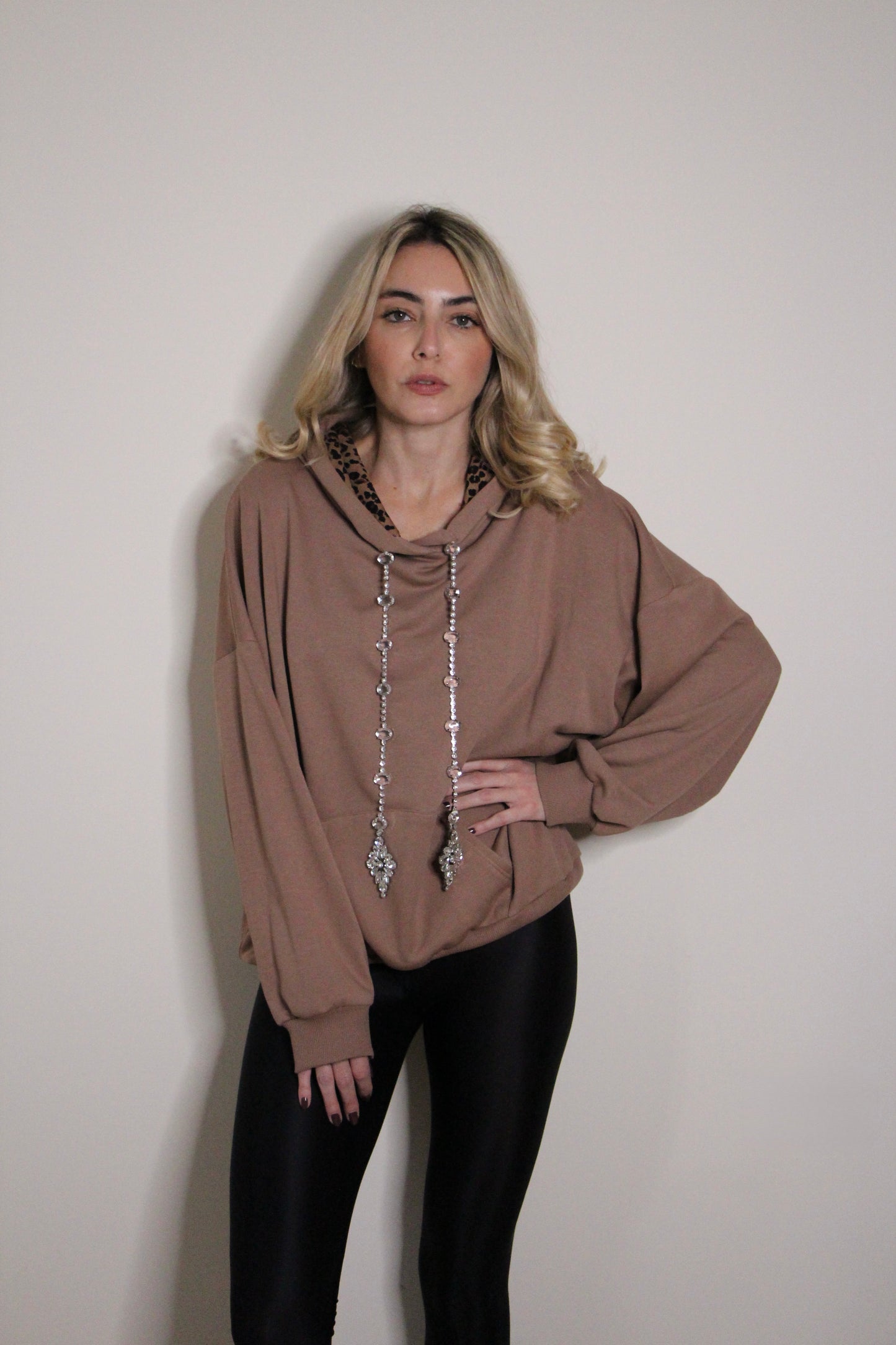 F++K X Tanya Mocha Bejeweled Hooded Sweater