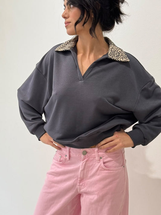 X Rana Short Sweater - Grey Charcoal / Cheetah White collar - styling and detail view