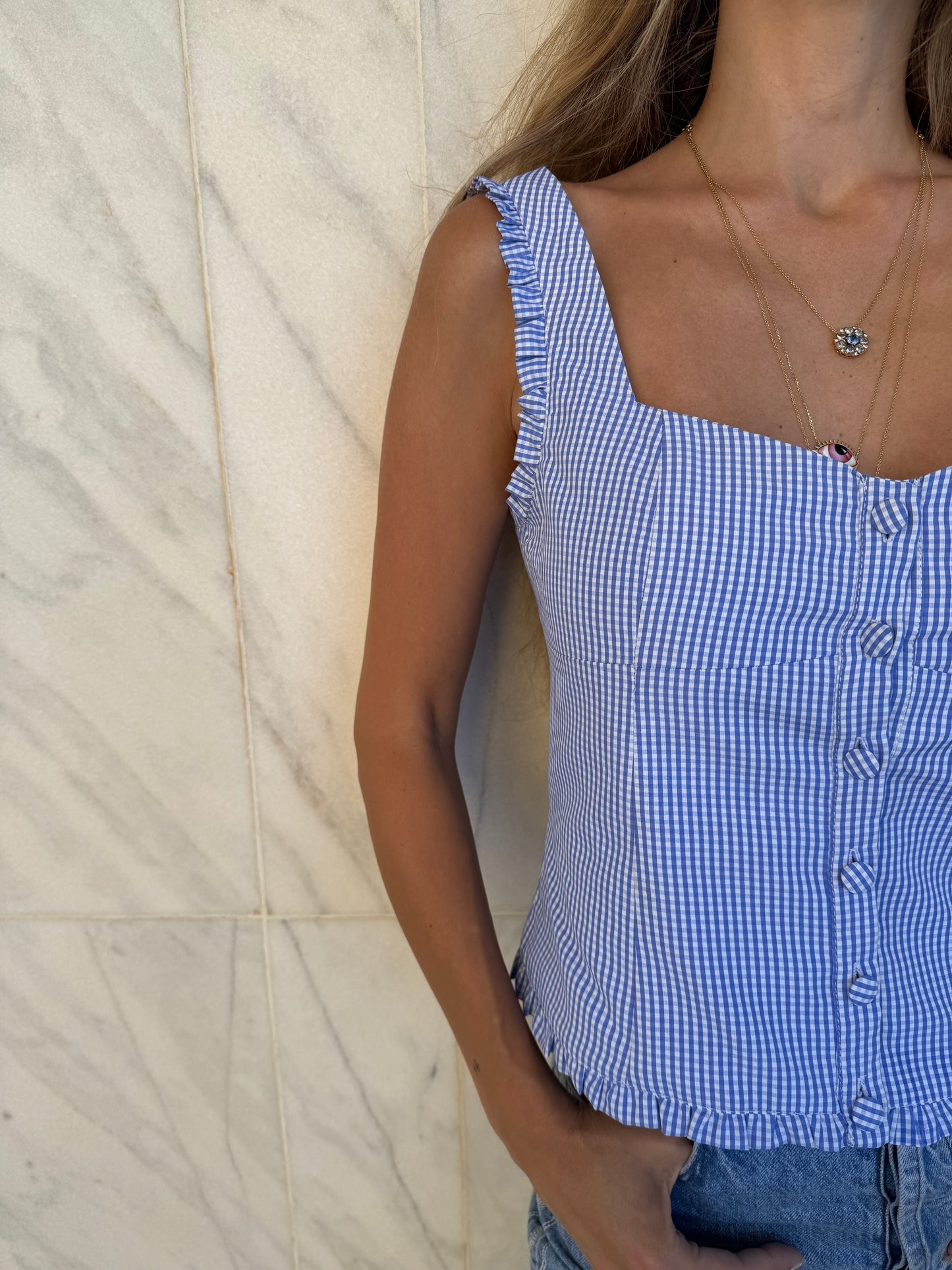 Gingham Ruffle Top- Blue