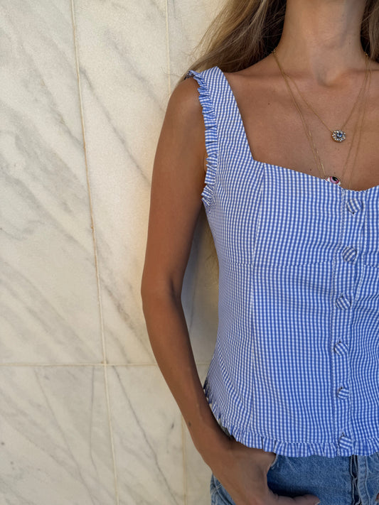 Gingham Ruffle Top- Blue