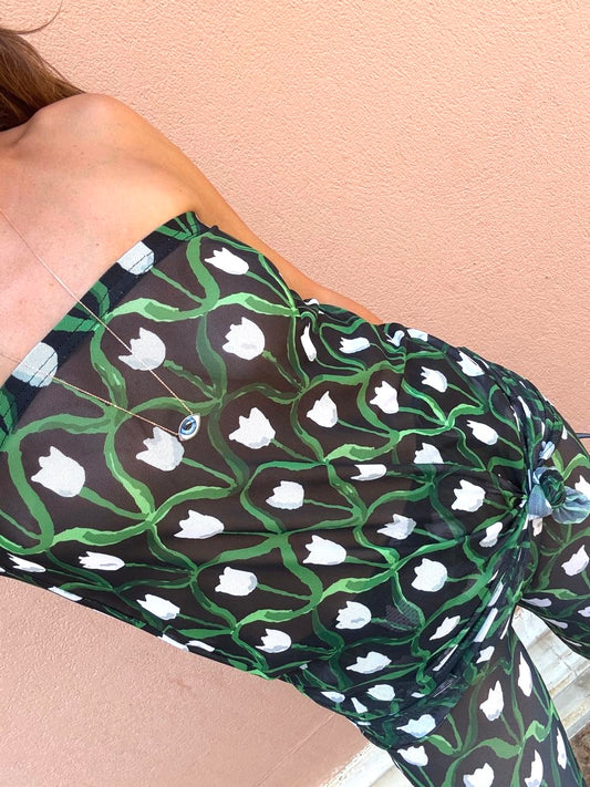 Mesh strapless longline top