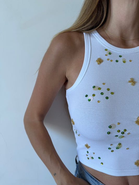 Embellished Rib Top - White