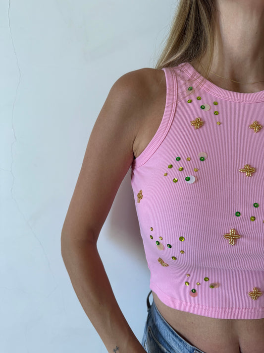 Embellished Rib Top - Pink