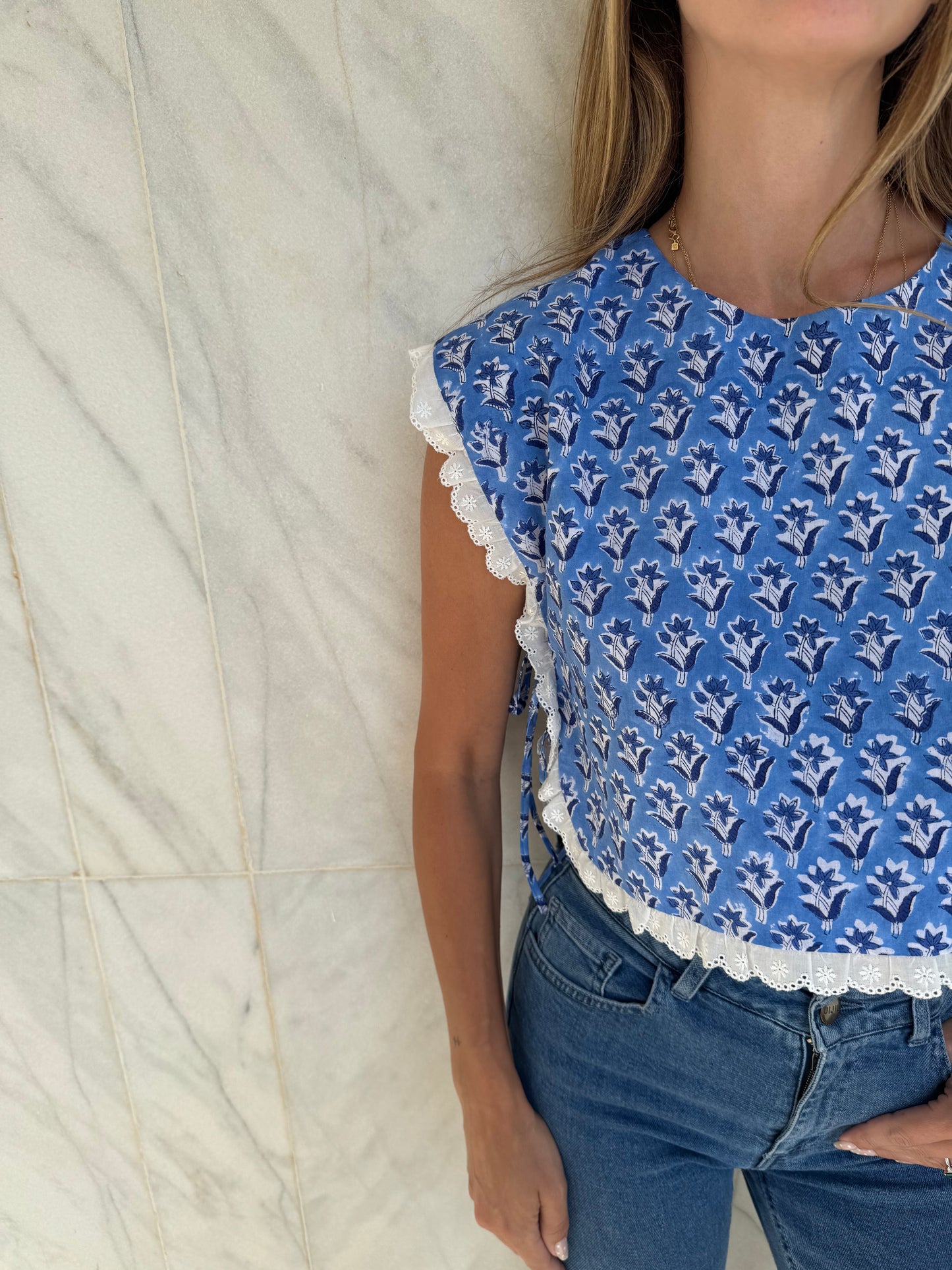 The Broderie Tie Top - Blue