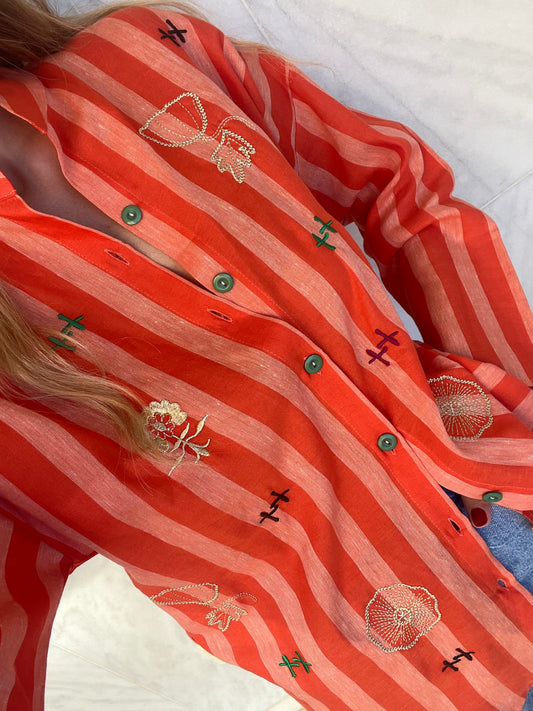Embroidered striped linen shirt
