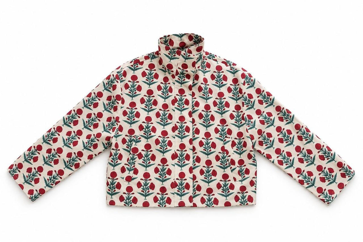X Rana Bomber Jacket - Indian Flower - styling and detail view