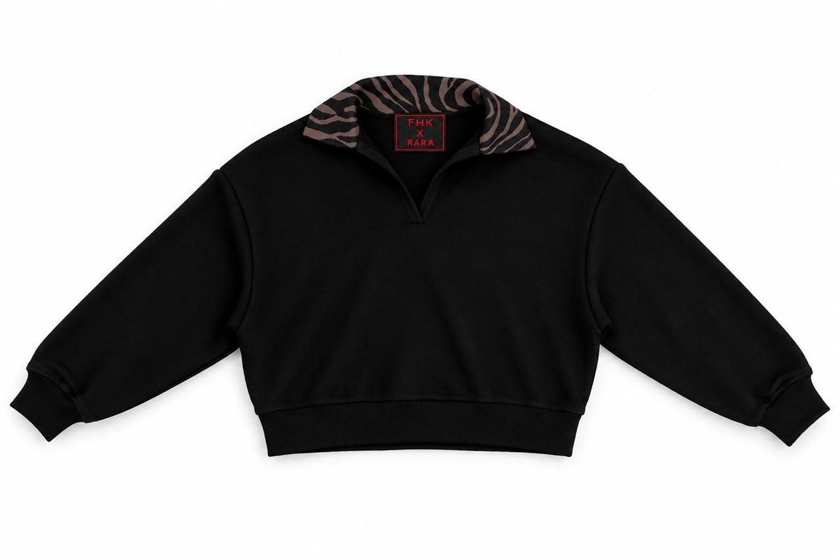 X Rana Short Sweater - Black / Zebra Brown collar - product view