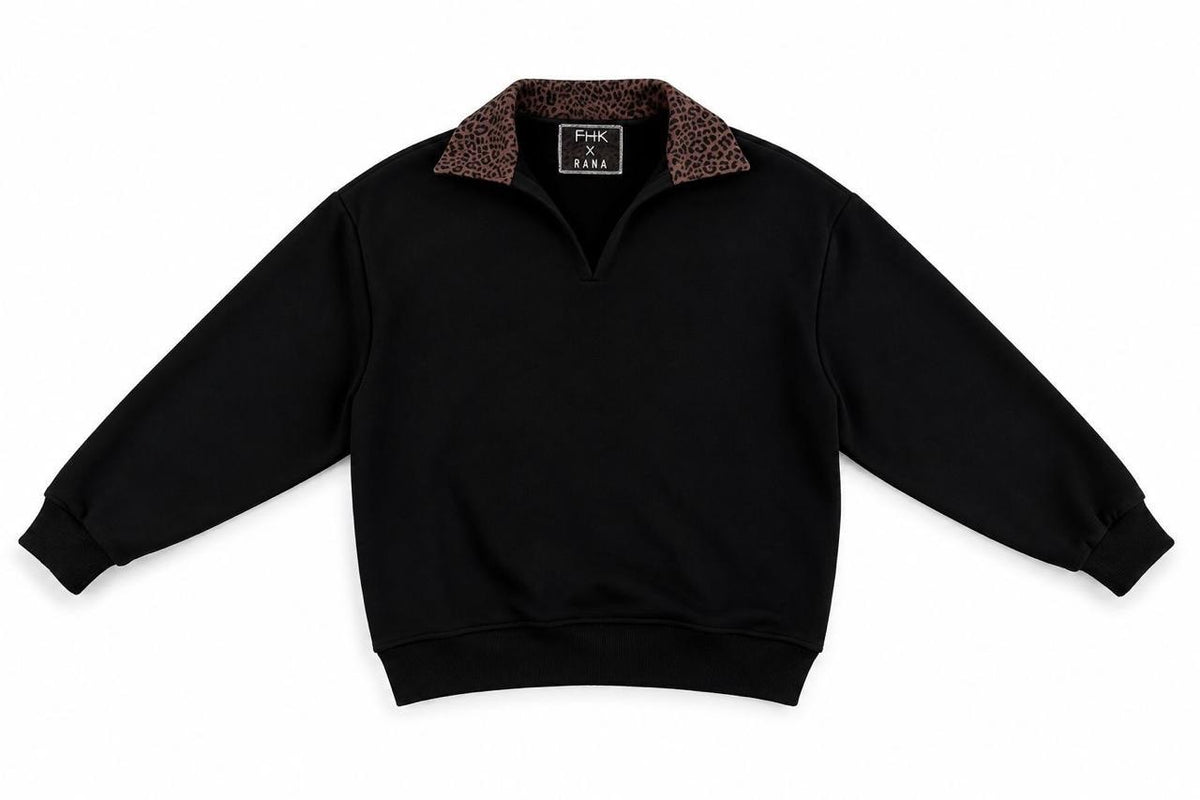 X Rana Long Sweater - Black / Cheetah Brown collar - product view