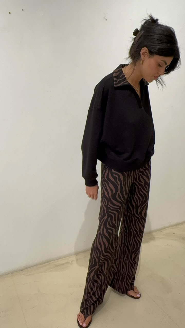 X Rana Short Sweater - Black / Zebra Brown collar - styling and detail view