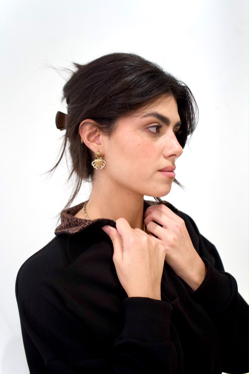 Close-up of the brown cheetah-print collar on the black long sweater