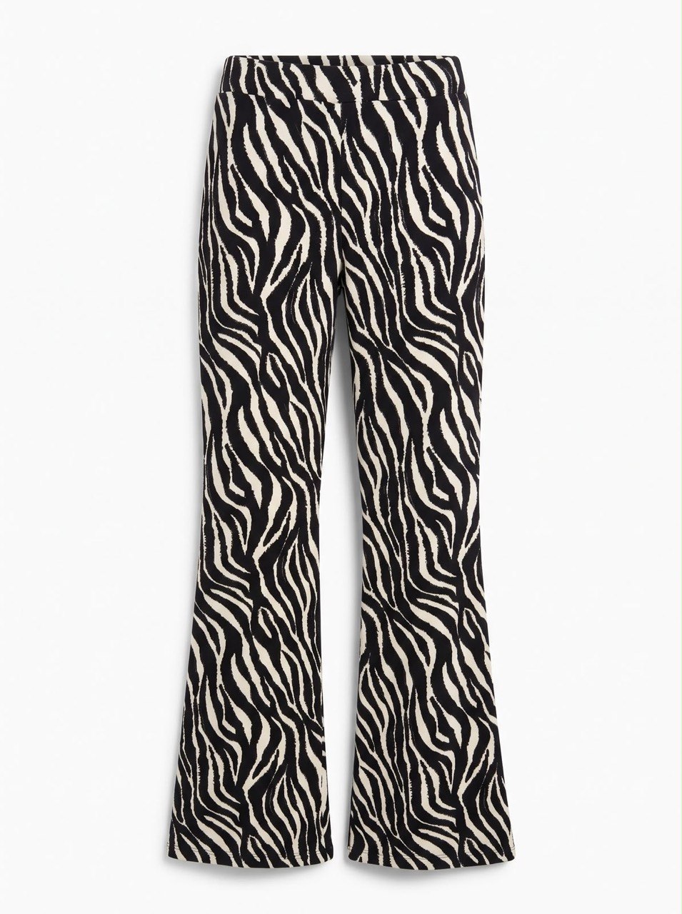 Front flat-lay view of the black-and-white zebra flare pants, showing the waistband and flared hems