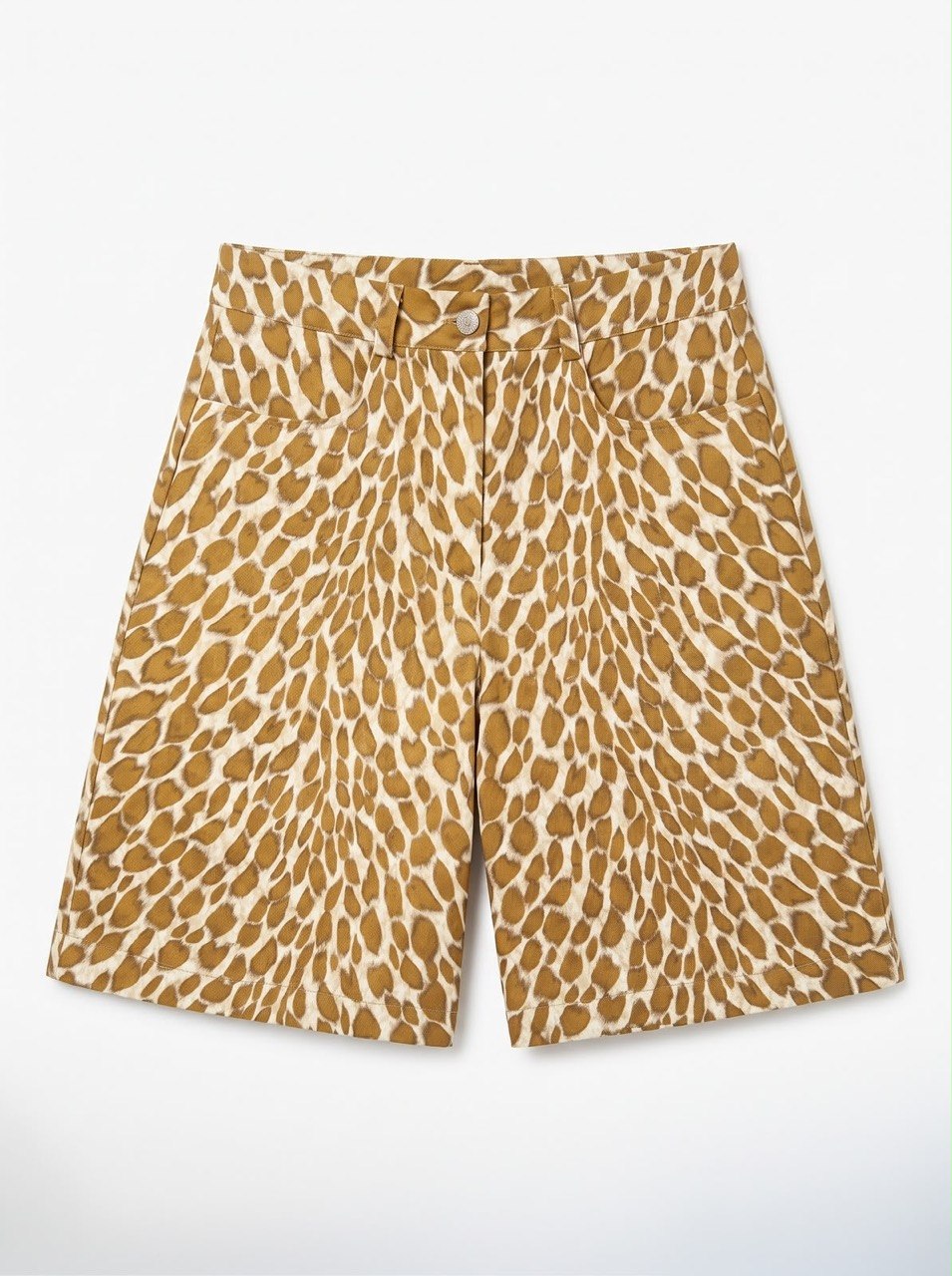 Front flat-lay view of the Golden Cheetah Bermuda shorts, showing the waistband, button fastening, belt loops and front pockets