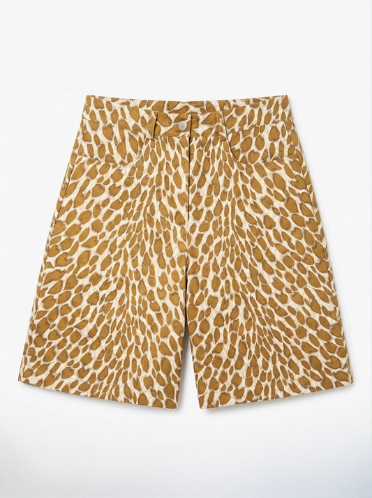 Front flat-lay view of the Golden Cheetah Bermuda shorts, showing the waistband, button fastening, belt loops and front pockets
